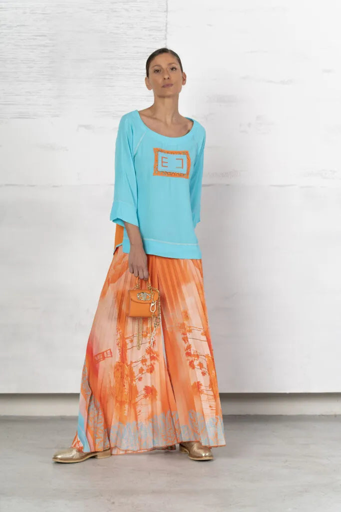 Orange Satin Pleated Trousers With Palm Print