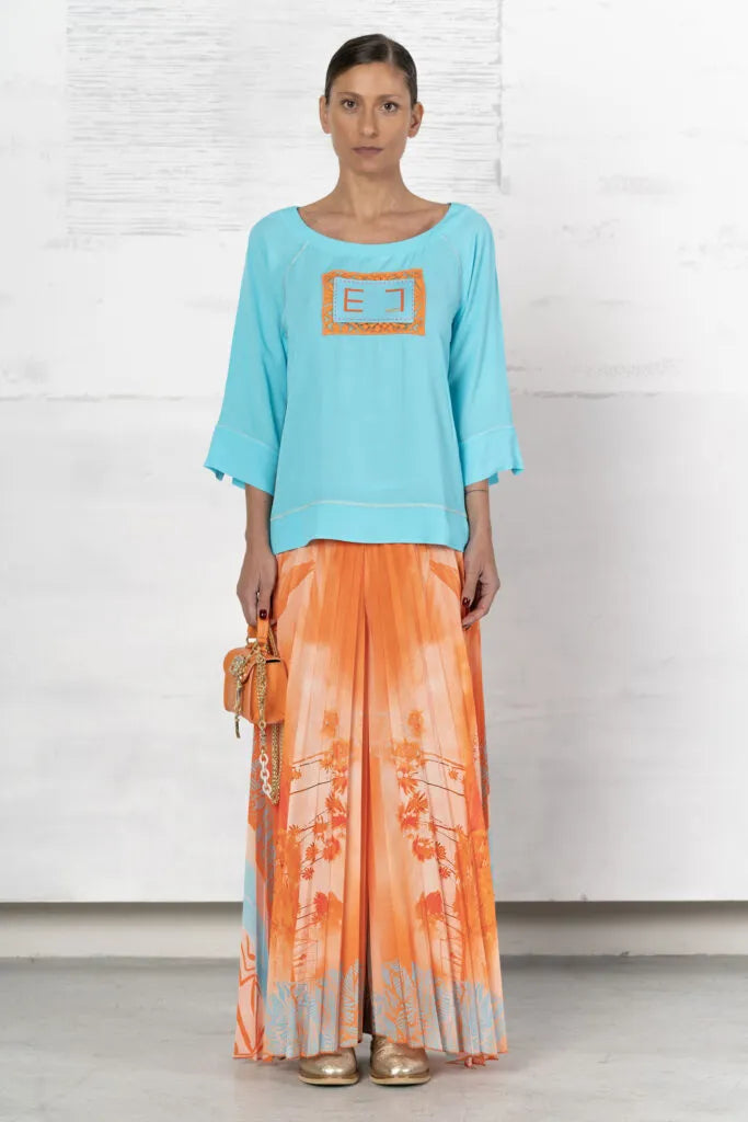 Orange Satin Pleated Trousers With Palm Print