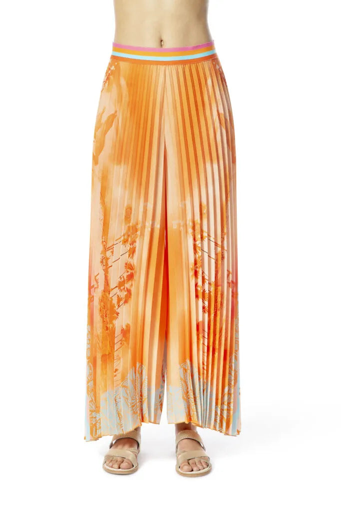 Orange Satin Pleated Trousers With Palm Print