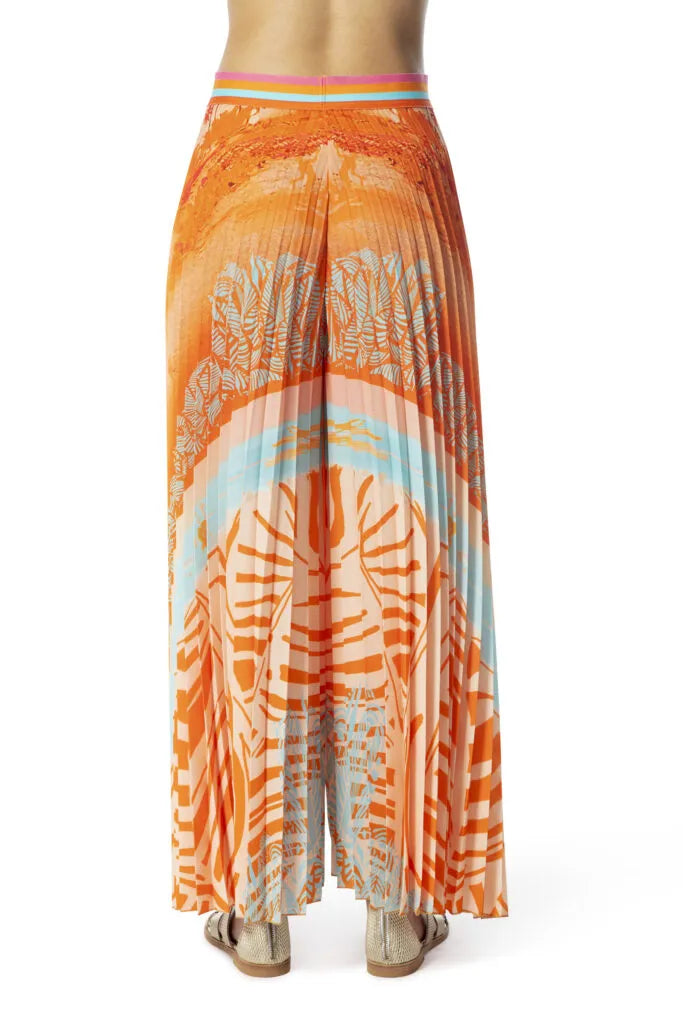 Orange Satin Pleated Trousers With Palm Print