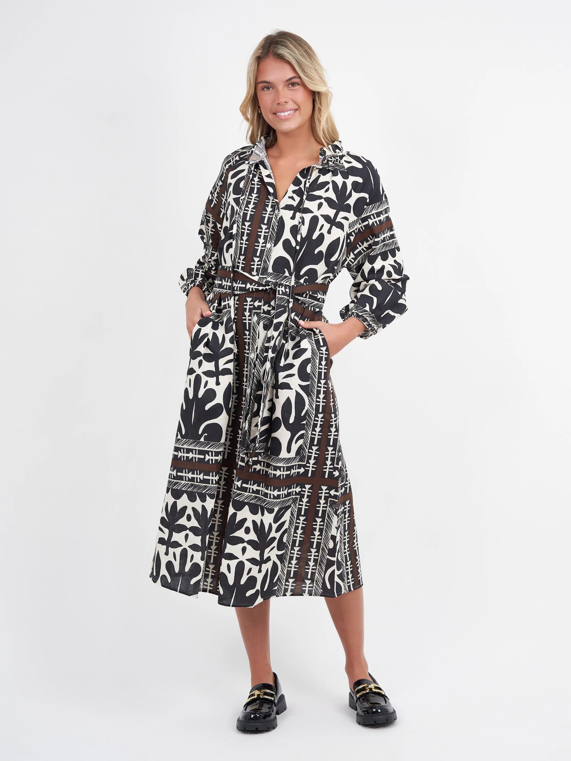 Print Linen Button Dress Black Scarf