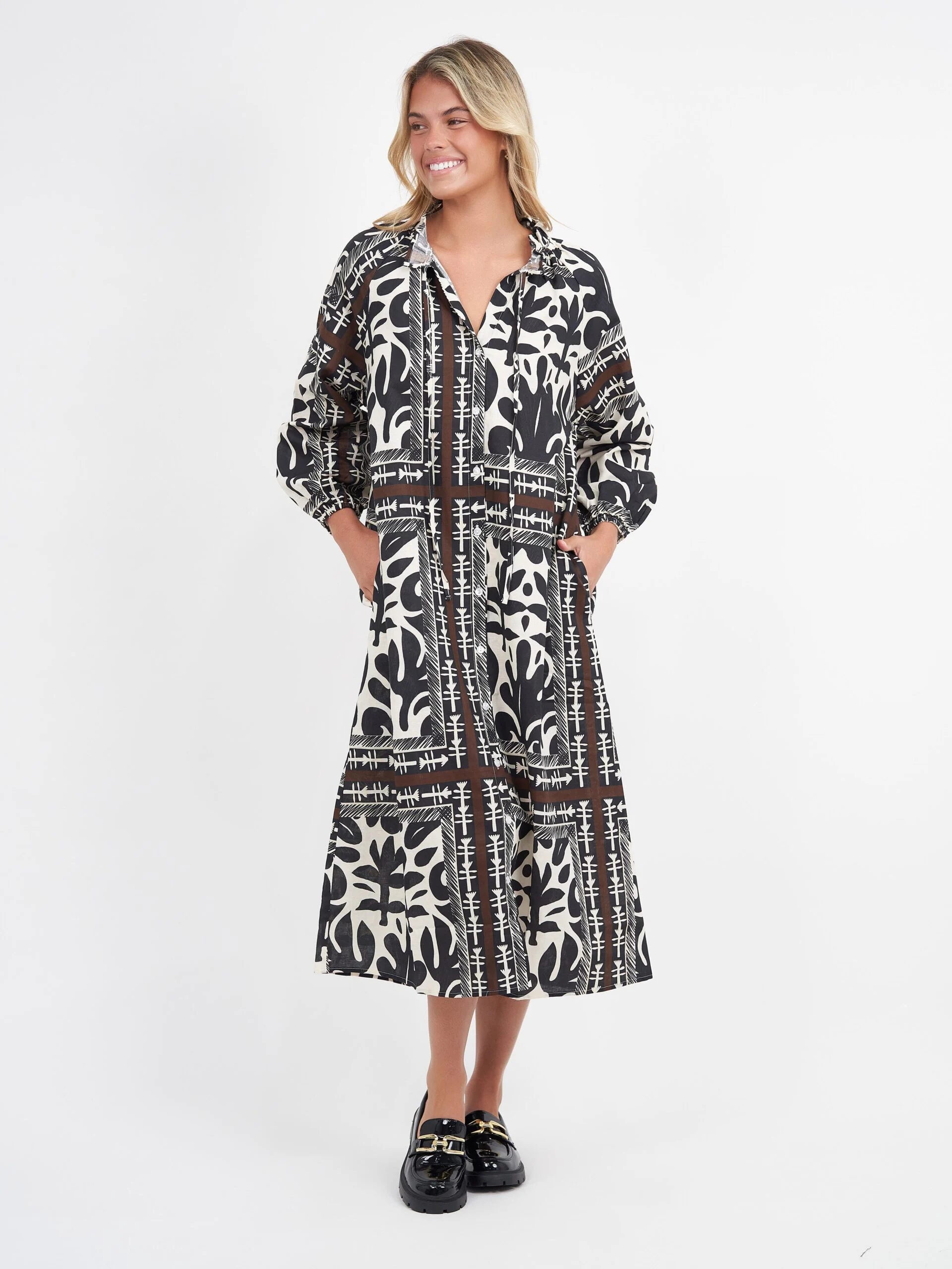 Print Linen Button Dress Black Scarf